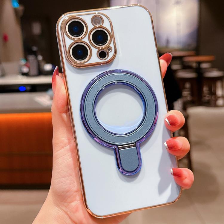 For iPhone 14 Pro Max Solid Color Electroplated Metal Holder Phone Case