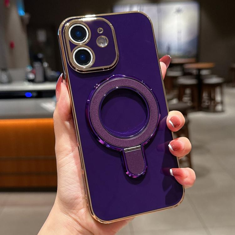 For iPhone 12 Solid Color Electroplated Metal Holder Phone Case