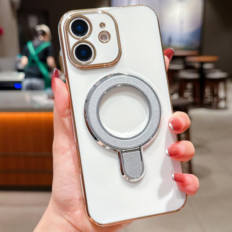 For iPhone 12 Solid Color Electroplated Metal Holder Phone Case