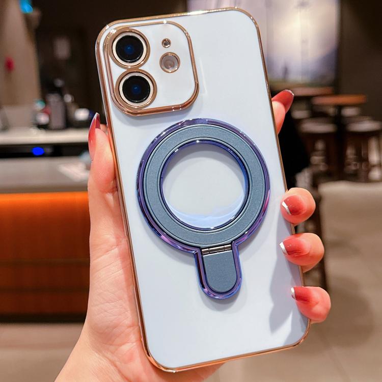 For iPhone 12 Solid Color Electroplated Metal Holder Phone Case