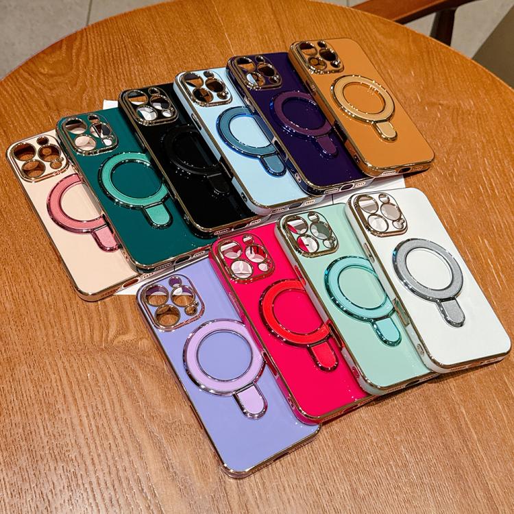 For iPhone 12 Solid Color Electroplated Metal Holder Phone Case
