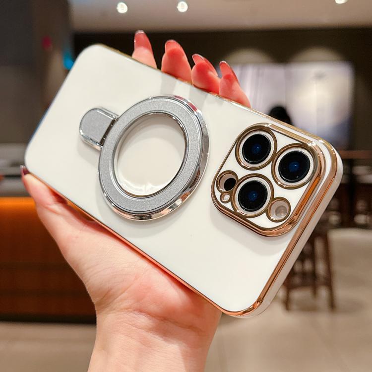For iPhone 15 Plus Solid Color Electroplated Metal Holder Phone Case