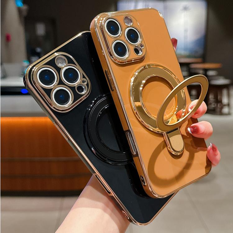 For iPhone 16 Plus Solid Color Electroplated Metal Holder Phone Case