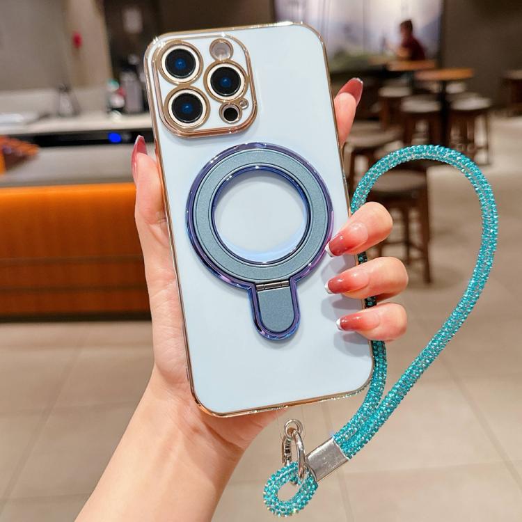 For iPhone 16 Pro Solid Color Electroplated Metal Holder Phone Case with Lanyard