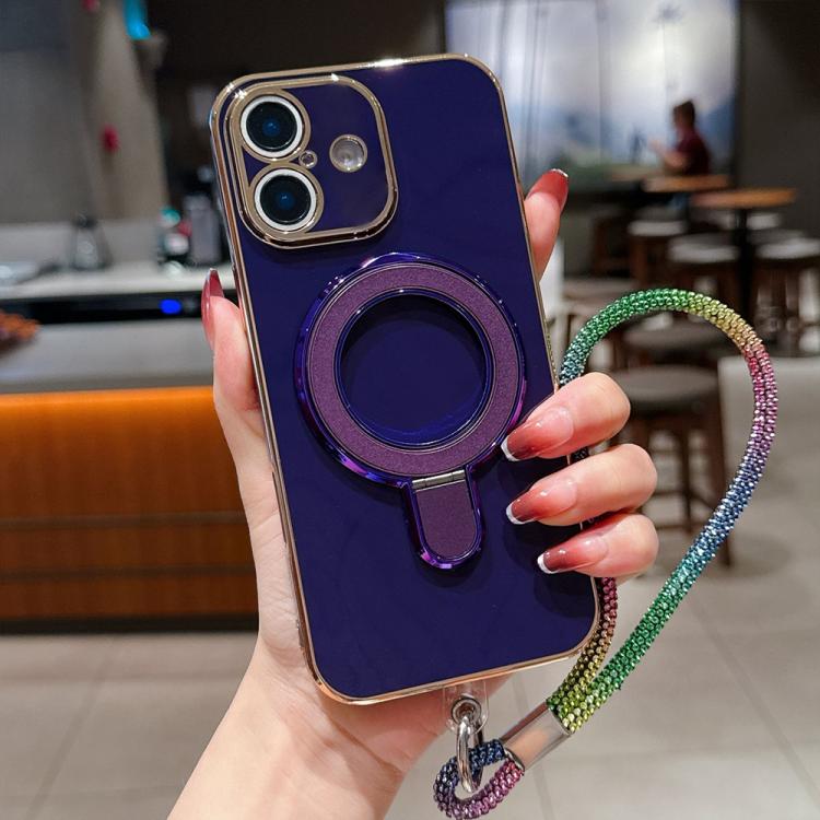 For iPhone 16 Plus Solid Color Electroplated Metal Holder Phone Case with Lanyard