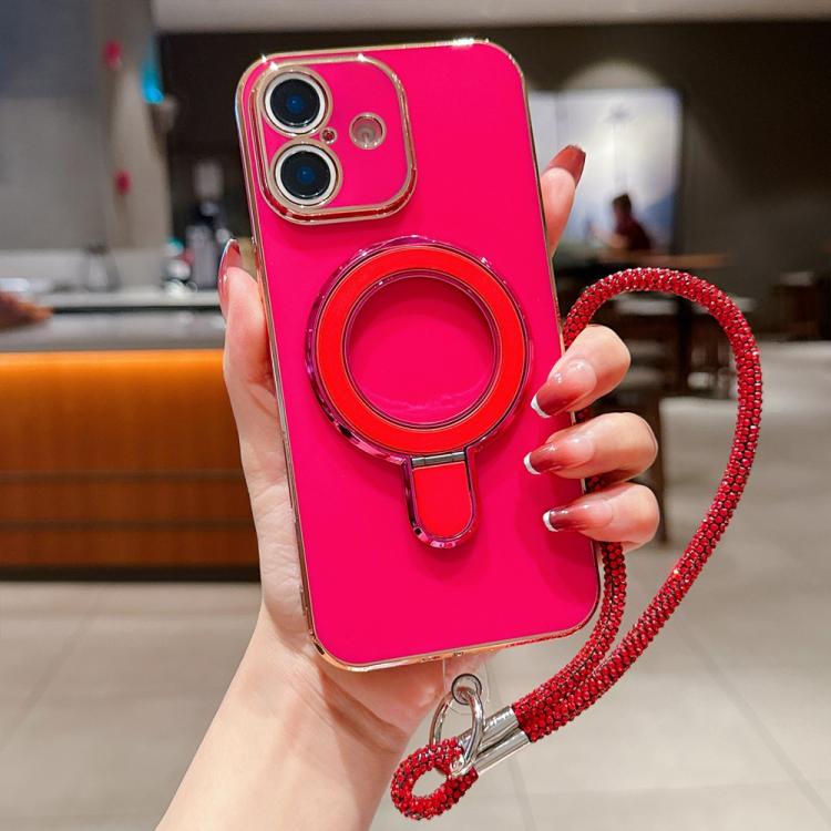 For iPhone 16 Plus Solid Color Electroplated Metal Holder Phone Case with Lanyard