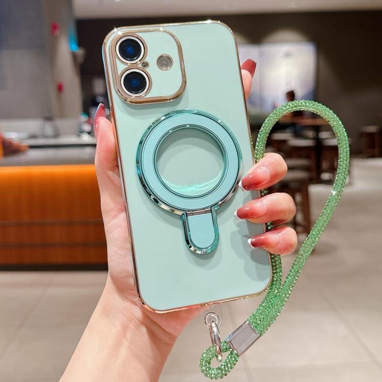 For iPhone 16 Plus Solid Color Electroplated Metal Holder Phone Case with Lanyard