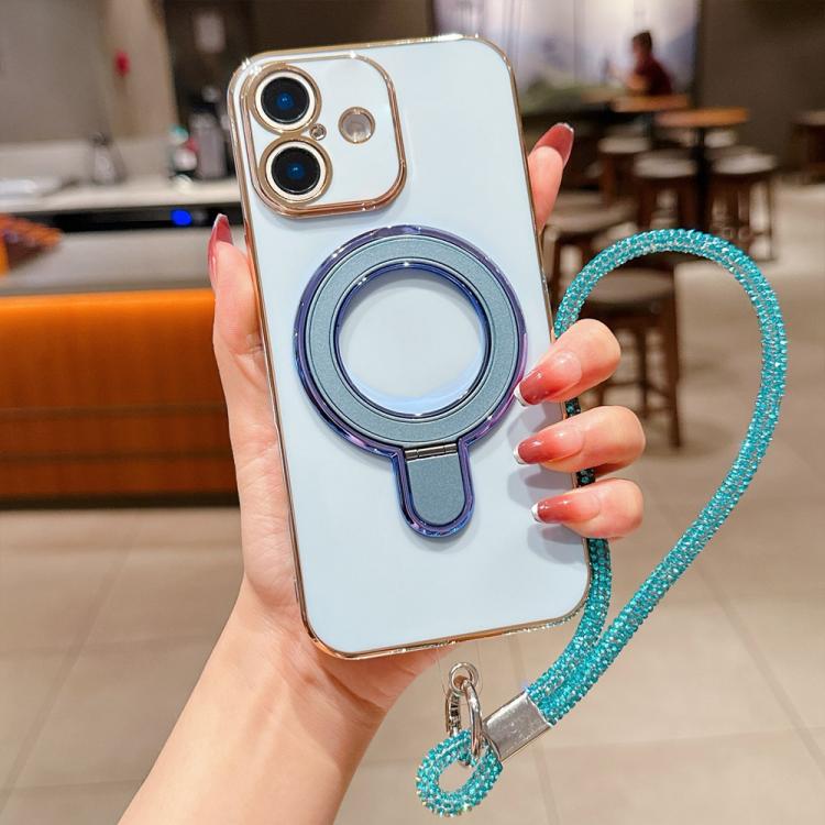 For iPhone 16 Plus Solid Color Electroplated Metal Holder Phone Case with Lanyard