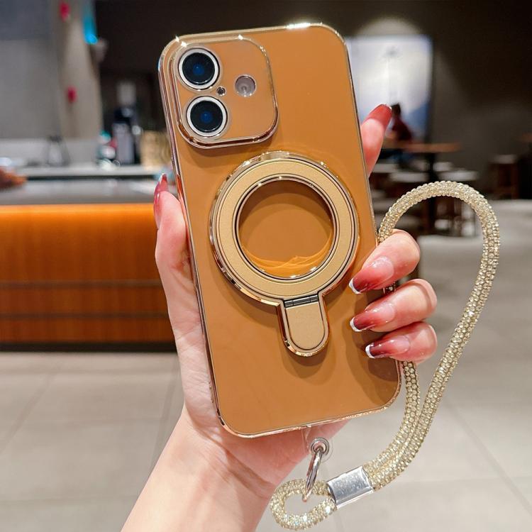 For iPhone 16 Plus Solid Color Electroplated Metal Holder Phone Case with Lanyard