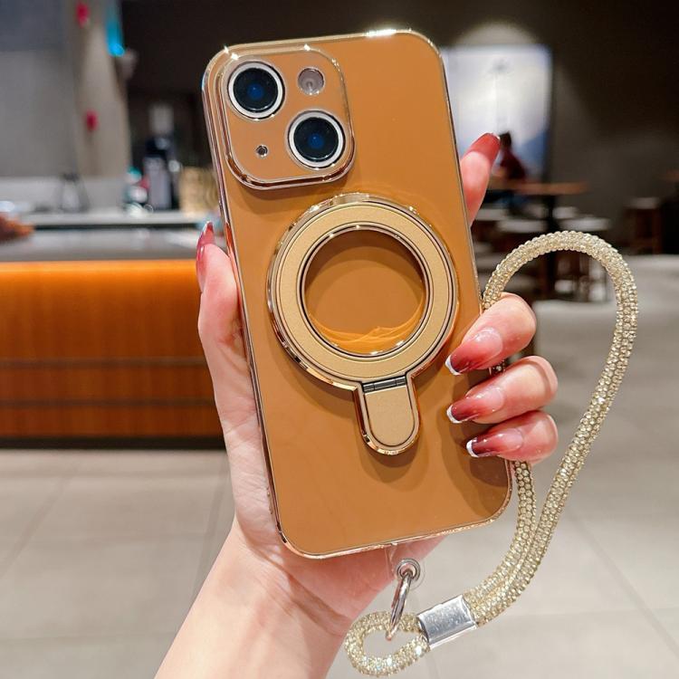 For iPhone 15 Plus Solid Color Electroplated Metal Holder Phone Case with Lanyard