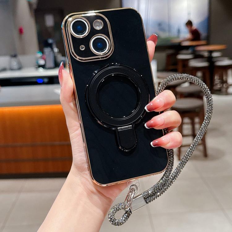 For iPhone 15 Solid Color Electroplated Metal Holder Phone Case with Lanyard