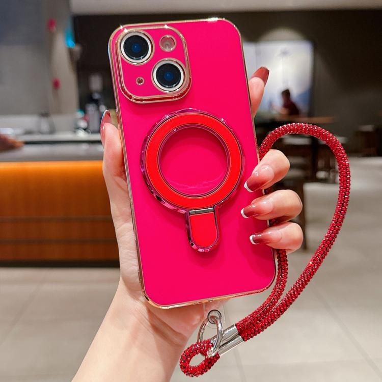 For iPhone 15 Solid Color Electroplated Metal Holder Phone Case with Lanyard