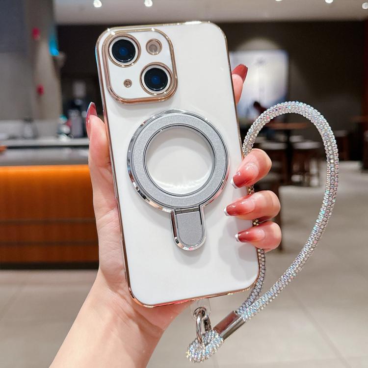 For iPhone 14 Plus Solid Color Electroplated Metal Holder Phone Case with Lanyard