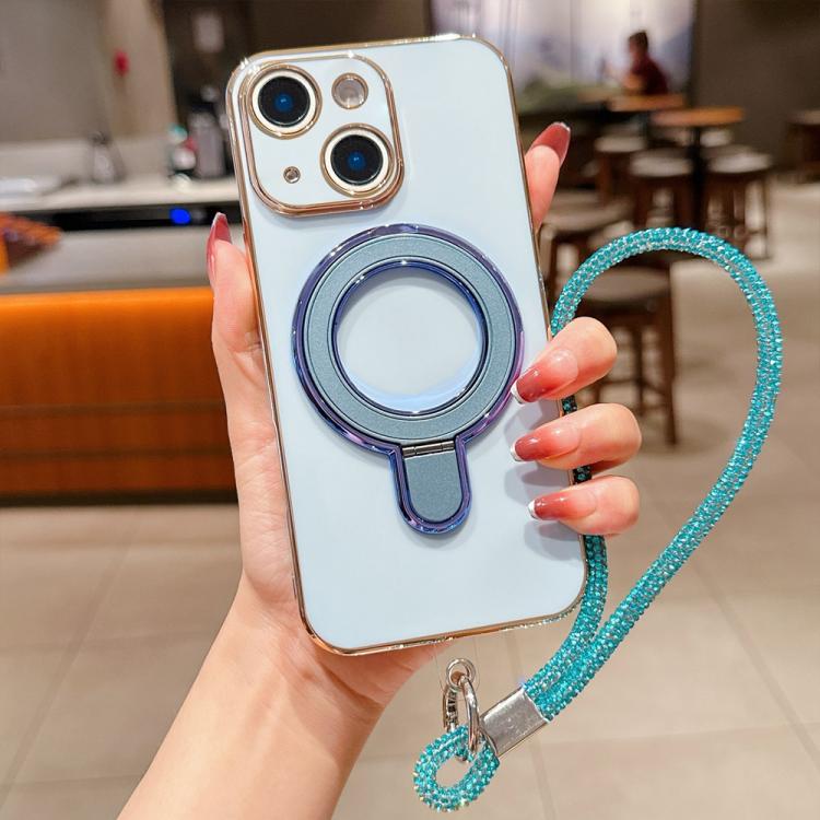For iPhone 14 Plus Solid Color Electroplated Metal Holder Phone Case with Lanyard