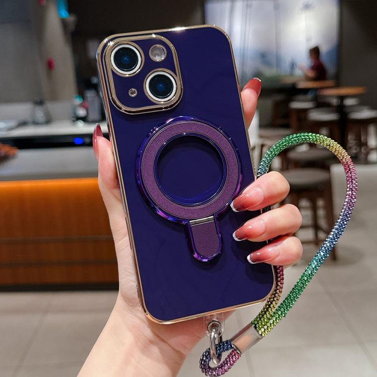 For iPhone 14 Solid Color Electroplated Metal Holder Phone Case with Lanyard