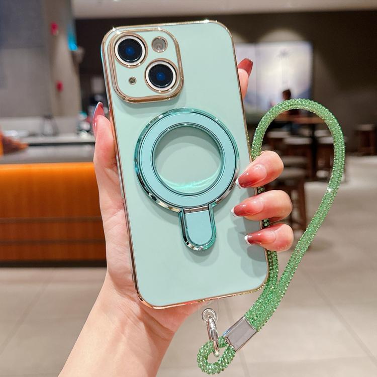 For iPhone 14 Solid Color Electroplated Metal Holder Phone Case with Lanyard