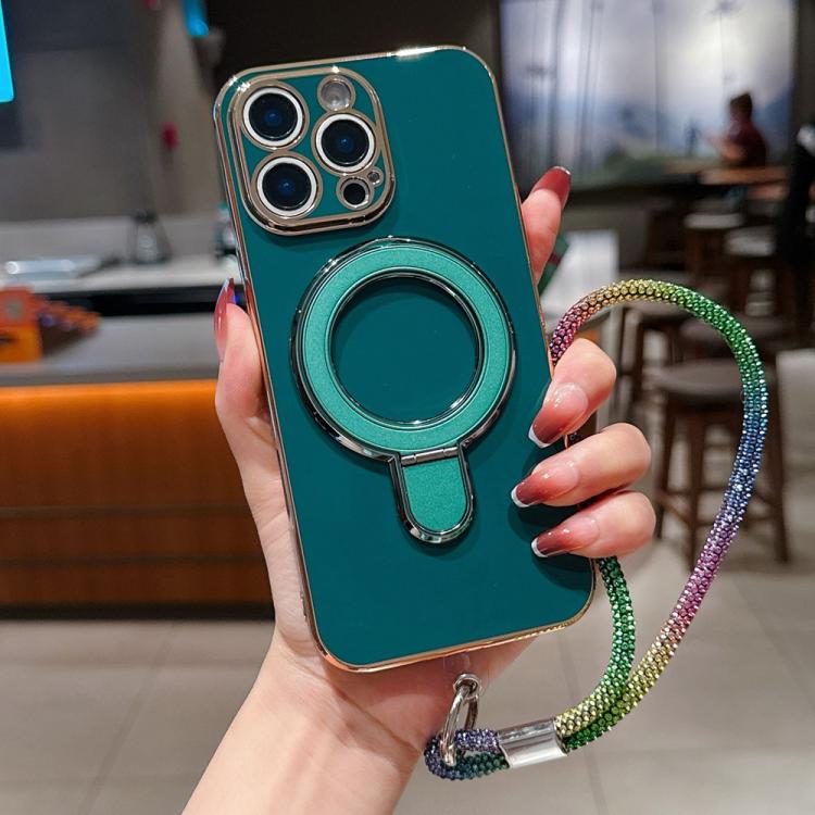 For iPhone 14 Pro Max Solid Color Electroplated Metal Holder Phone Case with Lanyard