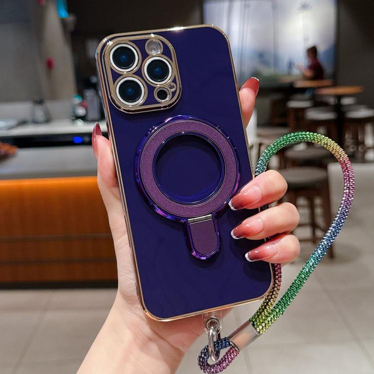 For iPhone 14 Pro Max Solid Color Electroplated Metal Holder Phone Case with Lanyard