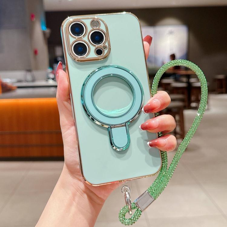 For iPhone 13 Pro Max Solid Color Electroplated Metal Holder Phone Case with Lanyard
