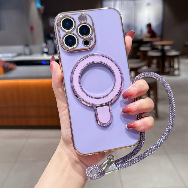 For iPhone 13 Pro Max Solid Color Electroplated Metal Holder Phone Case with Lanyard