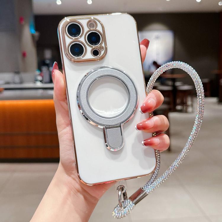 For iPhone 13 Pro Solid Color Electroplated Metal Holder Phone Case with Lanyard