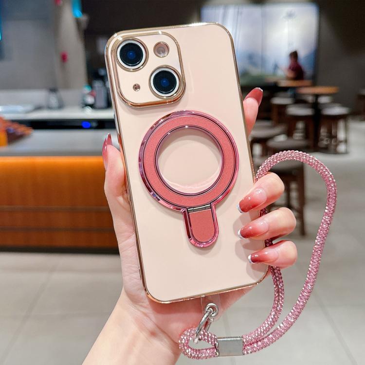 For iPhone 13 Solid Color Electroplated Metal Holder Phone Case with Lanyard