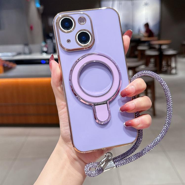 For iPhone 13 Solid Color Electroplated Metal Holder Phone Case with Lanyard
