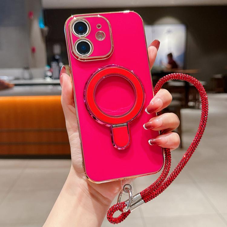 For iPhone 12 Solid Color Electroplated Metal Holder Phone Case with Lanyard