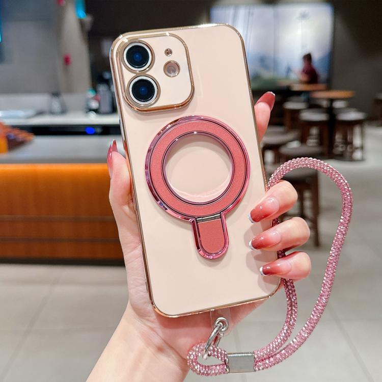 For iPhone 12 Solid Color Electroplated Metal Holder Phone Case with Lanyard
