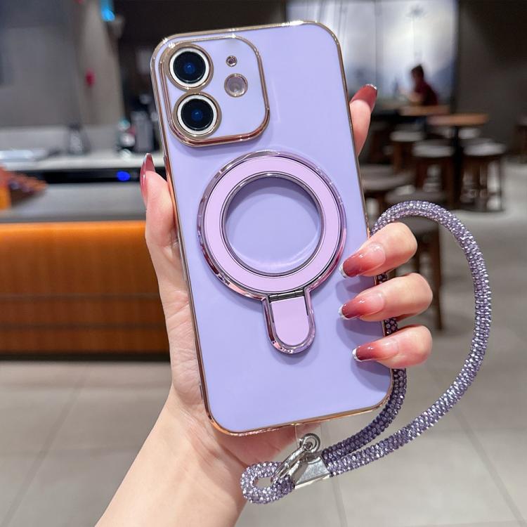 For iPhone 12 Solid Color Electroplated Metal Holder Phone Case with Lanyard