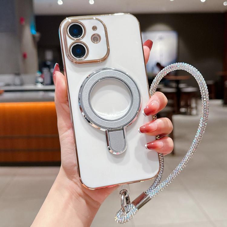 For iPhone 12 Solid Color Electroplated Metal Holder Phone Case with Lanyard