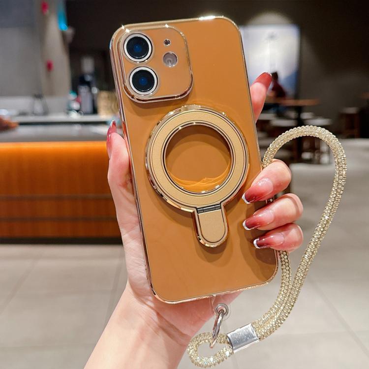For iPhone 12 Solid Color Electroplated Metal Holder Phone Case with Lanyard