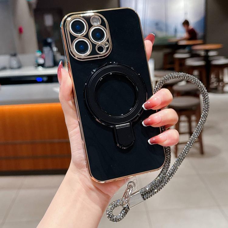For iPhone 12 Pro Max Solid Color Electroplated Metal Holder Phone Case with Lanyard