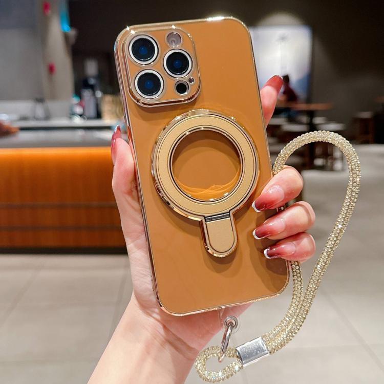 For iPhone 12 Pro Max Solid Color Electroplated Metal Holder Phone Case with Lanyard
