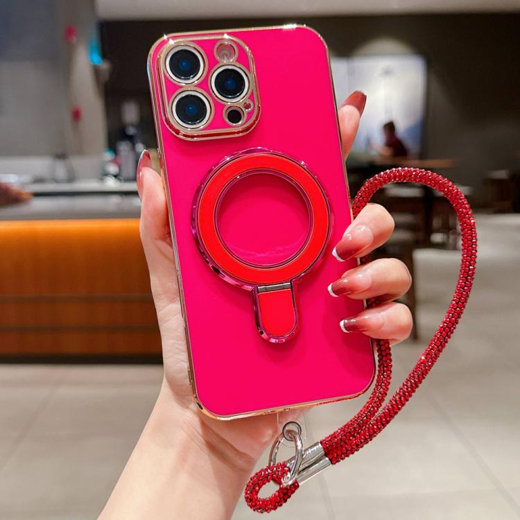 For iPhone 12 Pro Solid Color Electroplated Metal Holder Phone Case with Lanyard