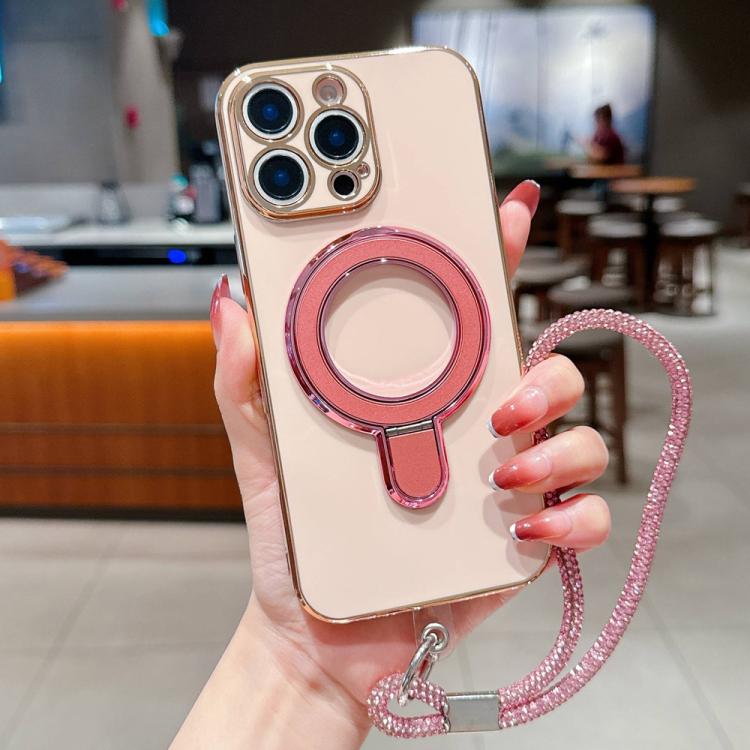 For iPhone 12 Pro Solid Color Electroplated Metal Holder Phone Case with Lanyard