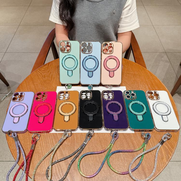 For iPhone 16 Pro Solid Color Electroplated Metal Holder Phone Case with Lanyard