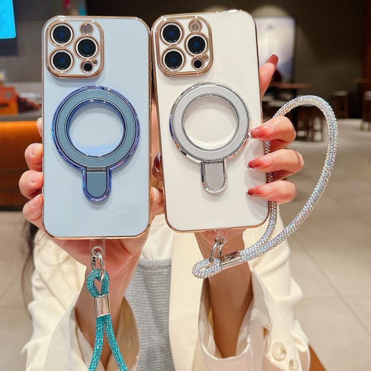 For iPhone 14 Plus Solid Color Electroplated Metal Holder Phone Case with Lanyard