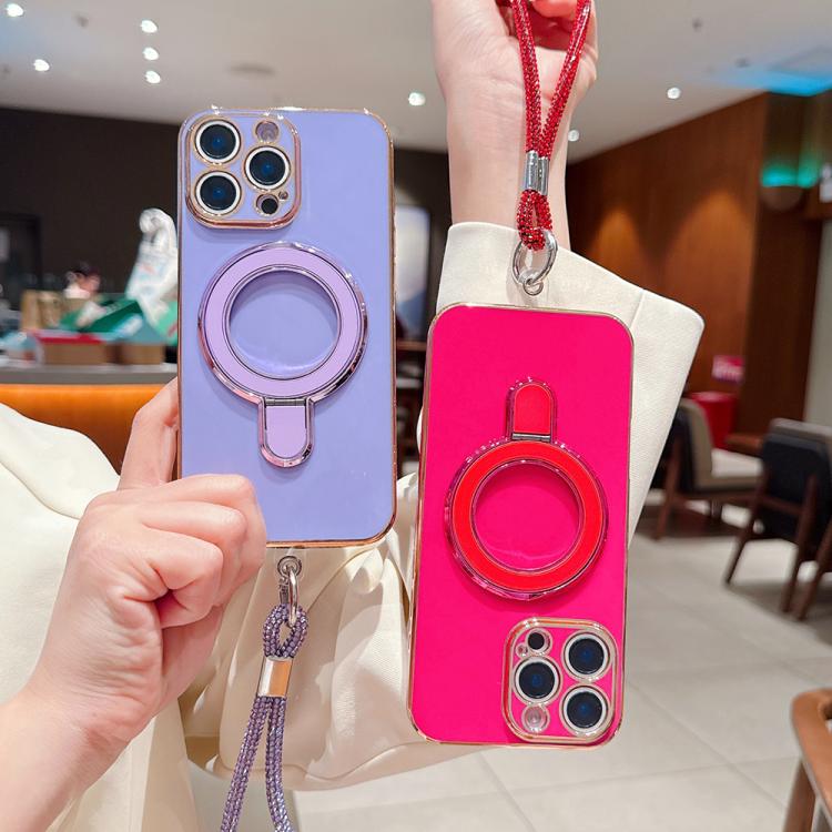 For iPhone 16 Plus Solid Color Electroplated Metal Holder Phone Case with Lanyard