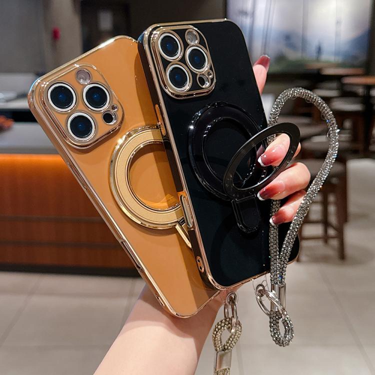 For iPhone 15 Pro Solid Color Electroplated Metal Holder Phone Case with Lanyard