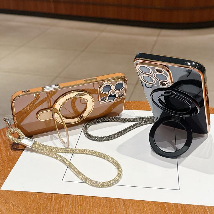 For iPhone 14 Plus Solid Color Electroplated Metal Holder Phone Case with Lanyard