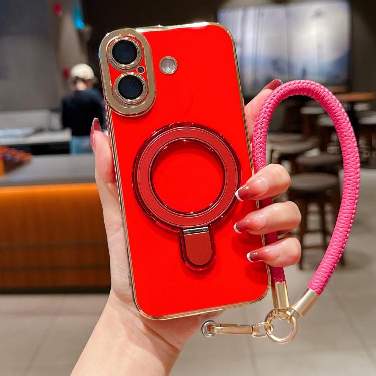 For iPhone 16 Plus Charm Eye Electroplating Metal Holder Phone Case with Lanyard