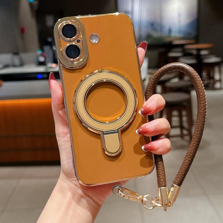 For iPhone 16 Plus Charm Eye Electroplating Metal Holder Phone Case with Lanyard