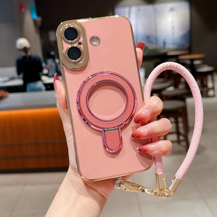 For iPhone 16 Charm Eye Electroplating Metal Holder Phone Case with Lanyard