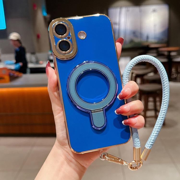 For iPhone 16 Charm Eye Electroplating Metal Holder Phone Case with Lanyard
