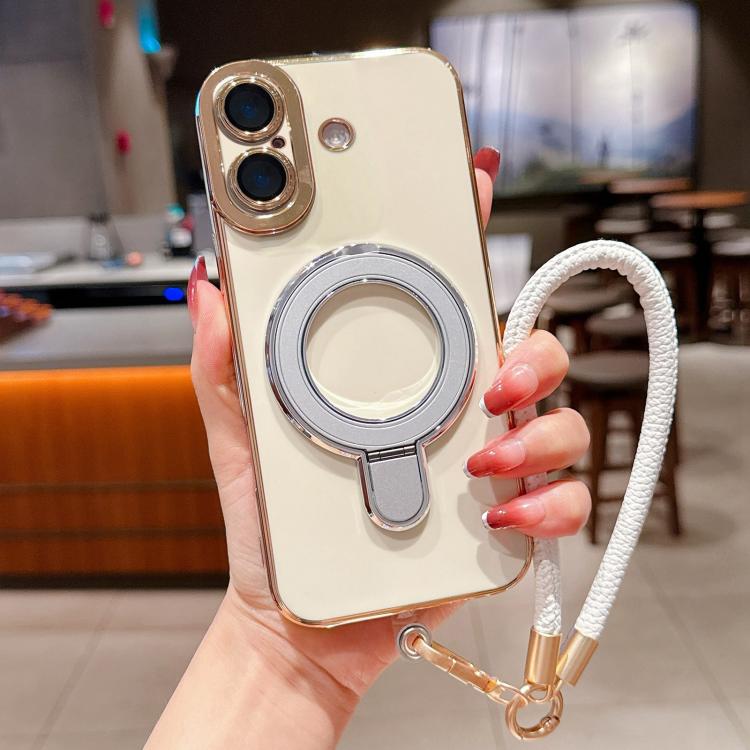 For iPhone 16 Charm Eye Electroplating Metal Holder Phone Case with Lanyard