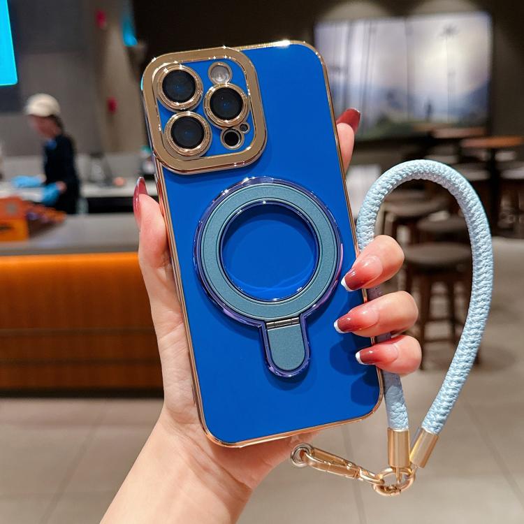 For iPhone 15 Pro Max Charm Eye Electroplating Metal Holder Phone Case with Lanyard