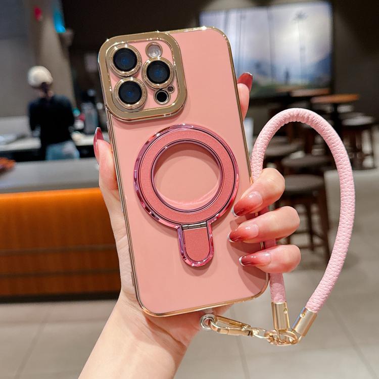 For iPhone 15 Pro Charm Eye Electroplating Metal Holder Phone Case with Lanyard