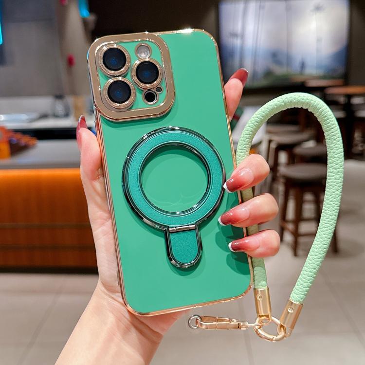 For iPhone 15 Pro Charm Eye Electroplating Metal Holder Phone Case with Lanyard