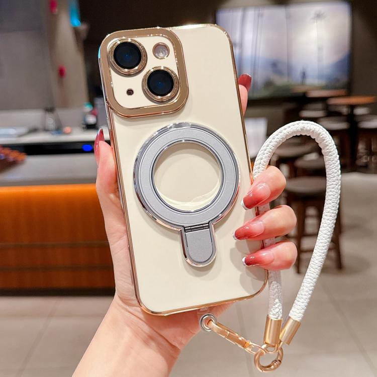 For iPhone 15 Plus Charm Eye Electroplating Metal Holder Phone Case with Lanyard